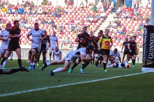 Angus Curtis dives over the line for Ulster’s third try against the Kings on the stroke of full time.