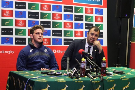 Australian captain, Michael Hooper (left), and head coach Michael Cheika address the media after their Rugby Championship encounter with the Springboks in Port Elizabeth in 2018. Photo: Stephen Kisbey-Green