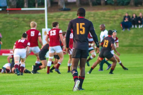 Kingswood College’s fullback looks on as Kearsney looks to build an attack in the Kingswood College 125 First Team Rugby Festival. Photo: Stephen Kisbey-Green