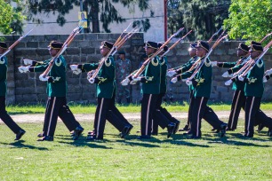 The military parade performing maneuvers as President Cyril Ramaphosa entered the Miki Yili Stadium. Photo: Stephen Kisbey-Green