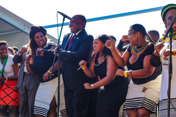President Cyril Ramaphosa joined the members of the Kwantu Choir after his keynote address. Photo: Stephen Kisbey-Green