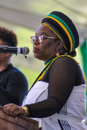 The MEC of Sport, Recreation, Arts and Culture, Bulelwa Tunyiswa addressed the crowd at Miki Yili stadium before the president spoke at the 2019 Freedom Day Celebrations. Photo: Stephen Kisbey-Green