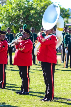The military marching band performs ahead of President Ramaphosa’s arrival at Miki Yili stadium. Photo: Stephen Kisbey-Green