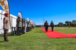President Cyril Ramaphosa is escorted by his guard of honour past the gathered generals before the presidential salute at Miki Yili Stadium. Photo: Stephen Kisbey-Green