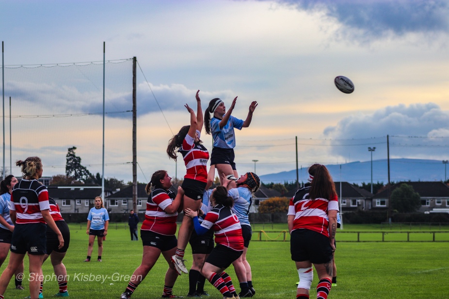 Sophie Kilburn goes up to compete at the lineout against Wicklow RFC. Photo: Stephen Kisbey-Green