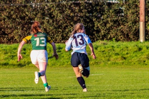 Leah Reilly makes another break to set up Eimear Corri for the try. Photo: Stephen Kisbey-Green