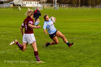 Leah Reilly scores one of DCU’s six tries against Tullow RFC. Photo: Stephen Kisbey-Green