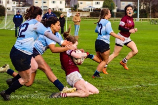Eimear Corri and Hannah Heskin are unable to stop Tullow RFC from scoring out wide. Photo: Stephen Kisbey-Green