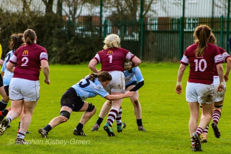 Both DCU and Tullow RFC made a number of strong breaks against equally strong defense. Photo: Stephen Kisbey-Green