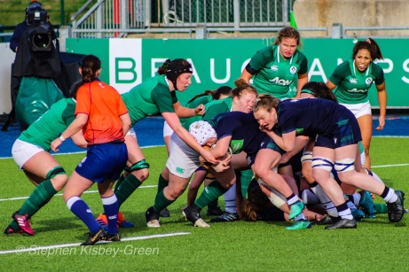 Scotland look to crash the ball up against Ireland, being stopped just short of the try line. Photo: Stephen Kisbey-Green