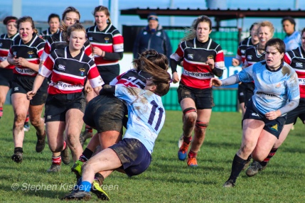 Lucinda Kinghan makes a strong tackle against Wicklow RFC. Photo: Stephen Kisbey-Green